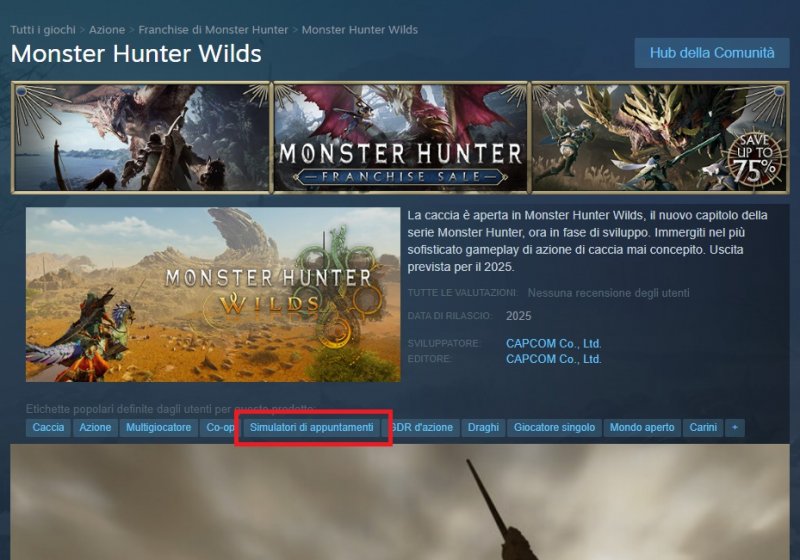 La pagina Steam di Monster Hunter Wilds che segnala come il gioco sia un 'Simulatore di appuntamenti'