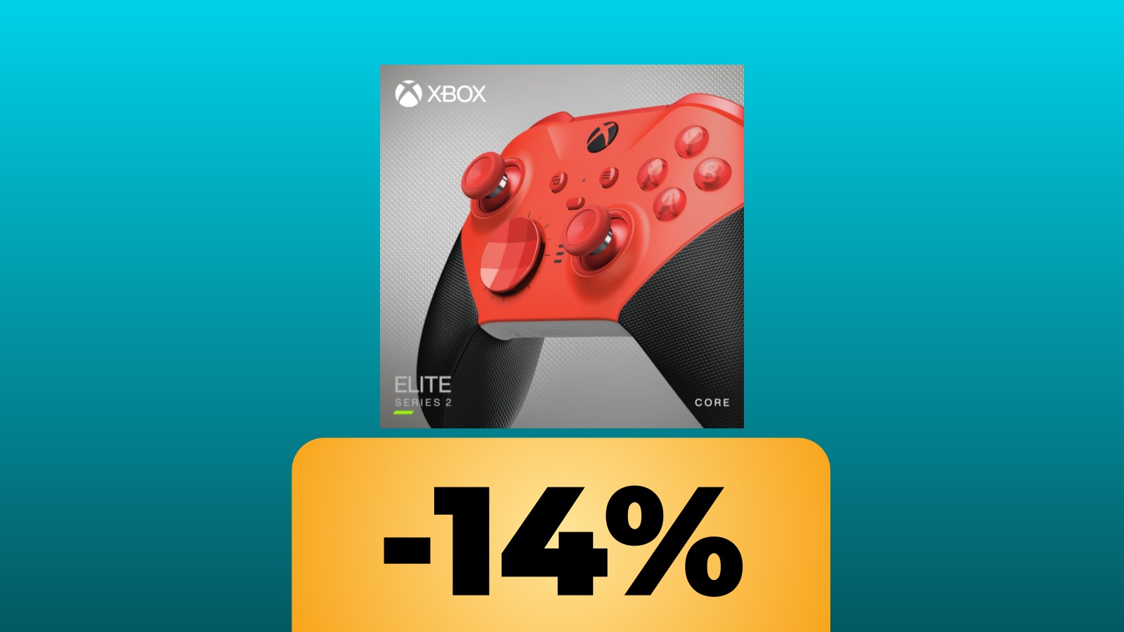 La confezione del controller Xbox Elite Series 2 Core e sotto la percentuale dello sconto di Amazon