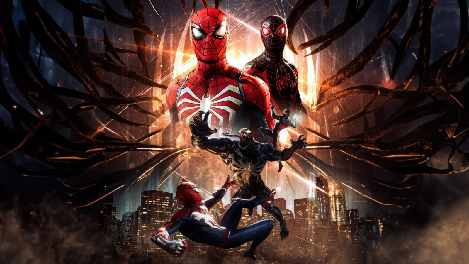 I due Spider-Man e Venom in un artwork di Marvel's Spider-Man 2