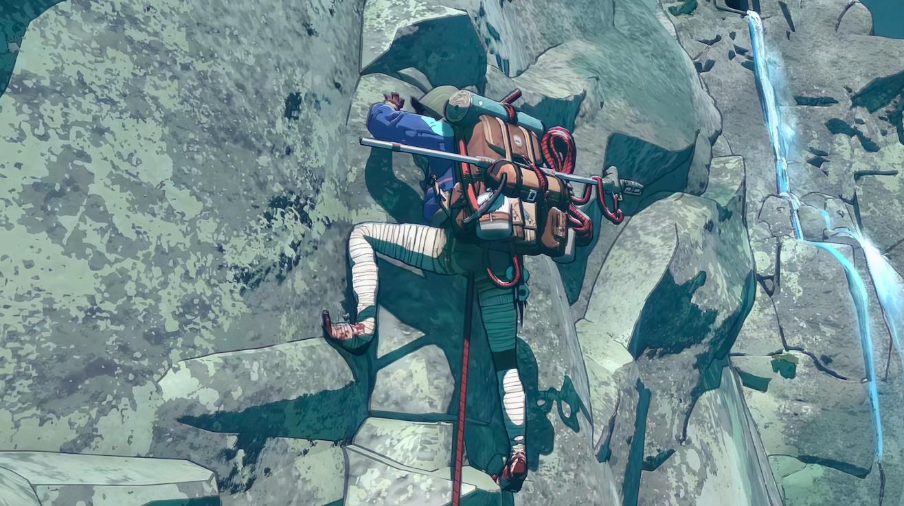 La protagonista di Cairn che si arrampica sul fianco di una parete rocciosa