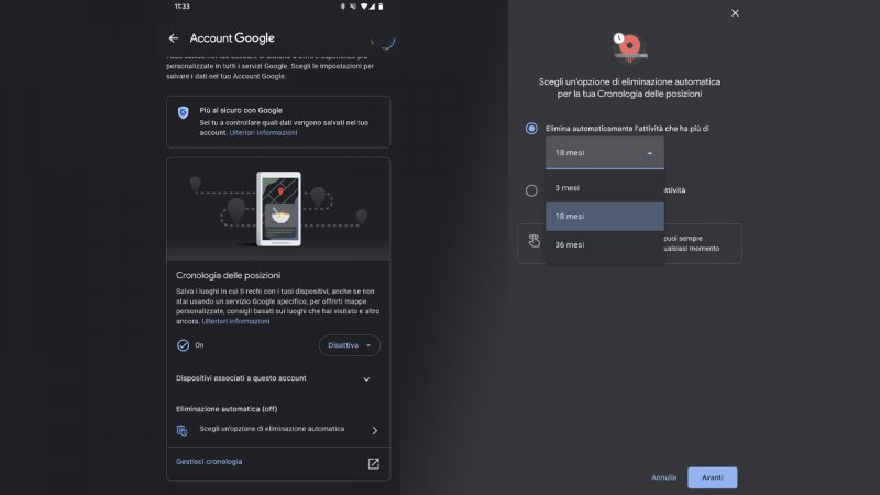 Le schermate di selezione della privacy di Google Maps