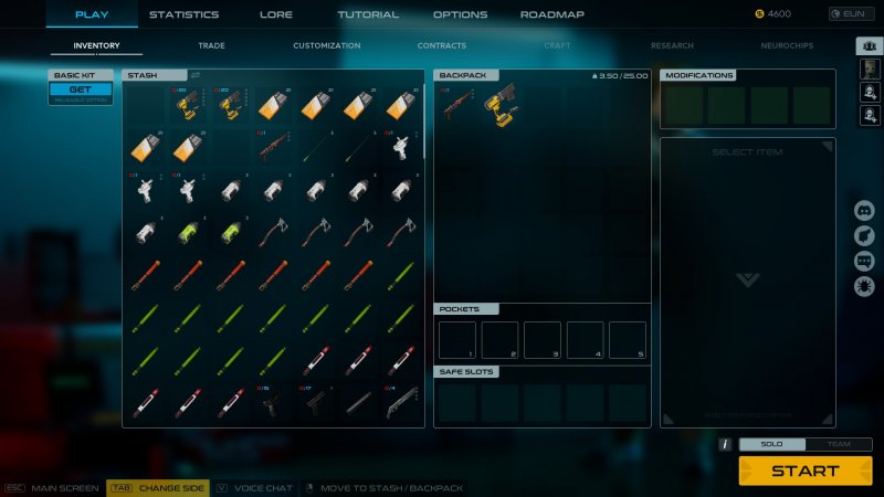 L'inventario di Level Zero: Extraction è dei più classici con slot normali, slot assicurati e un calcolo generoso del peso delle risorse raccolte