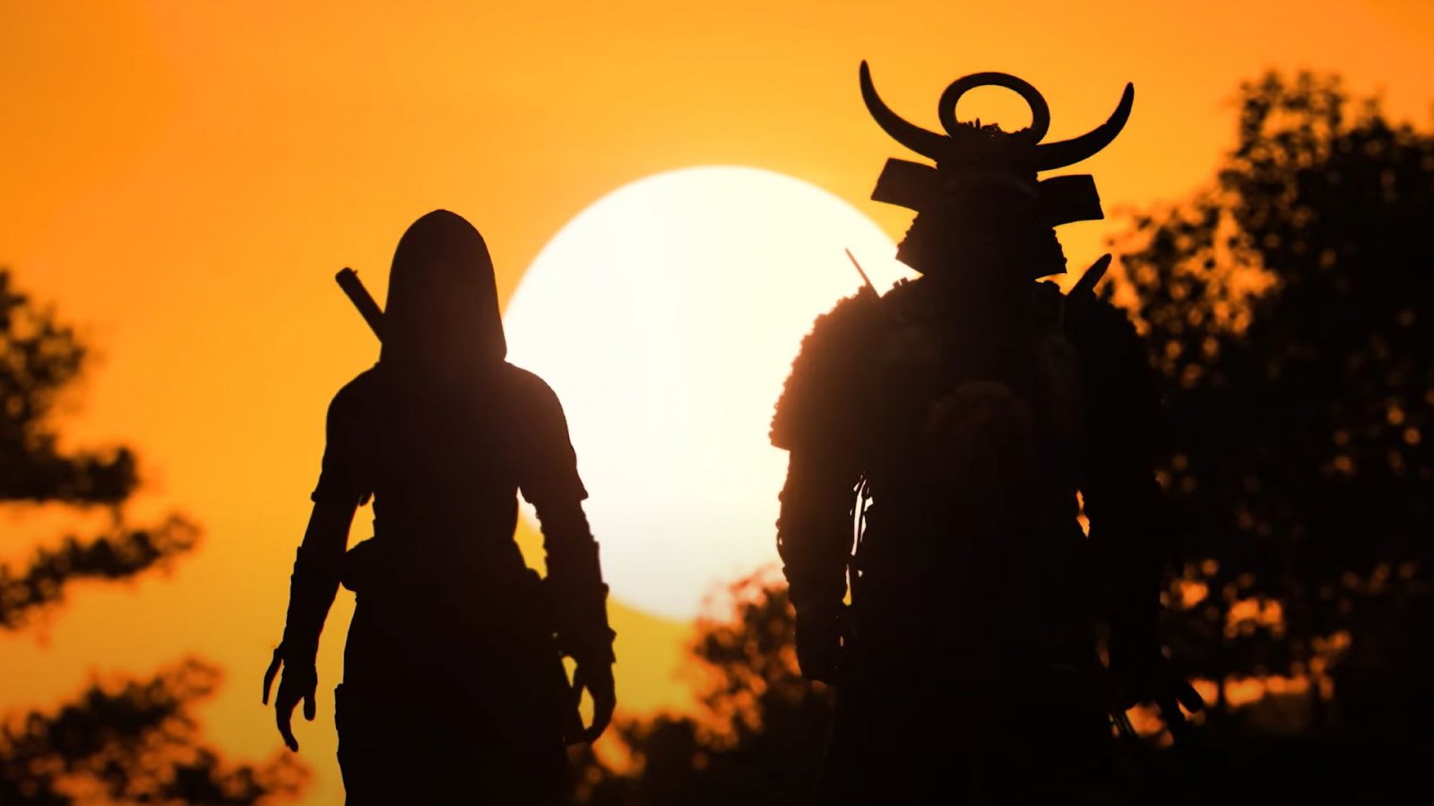 Naoe e Yasuke camminano al tramonto in Assassin's Creed Shadows