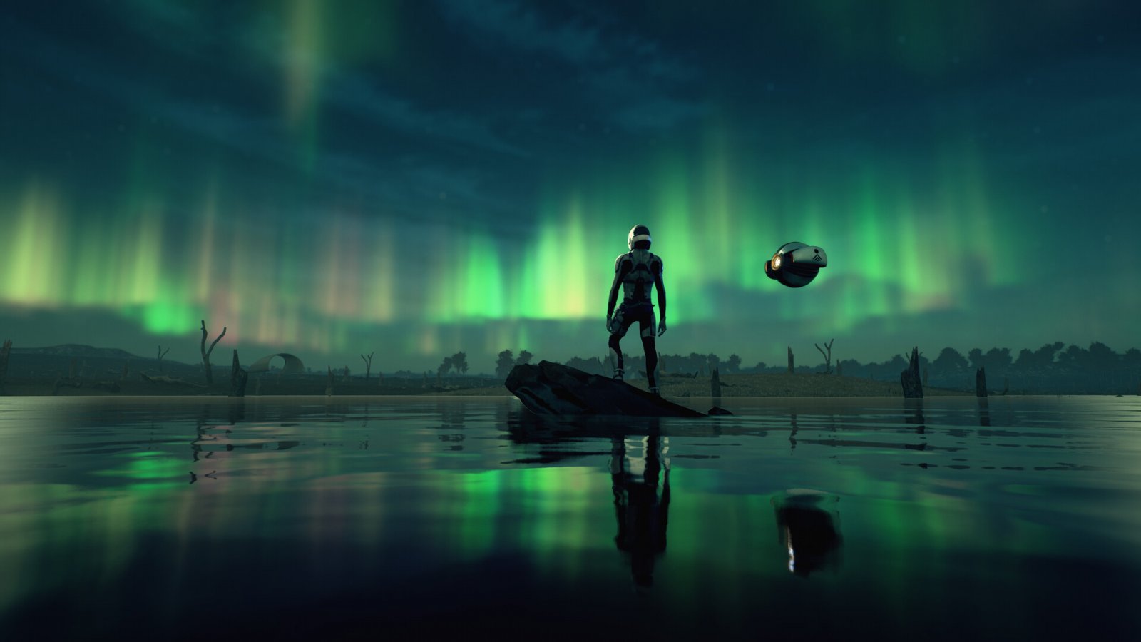 Il personaggio di Deliver Us Home in mezzo a un lago e di fronte a un cielo verde con un'aurora boreale
