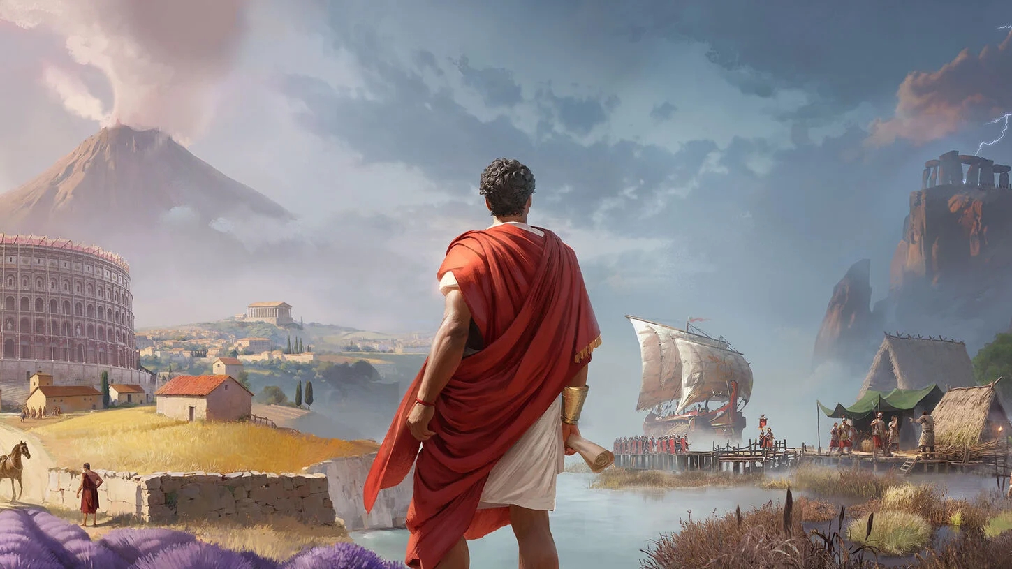 Un governatore romano di fronte a una citta con un fiume nel centro in Anno 117: Pax Romana