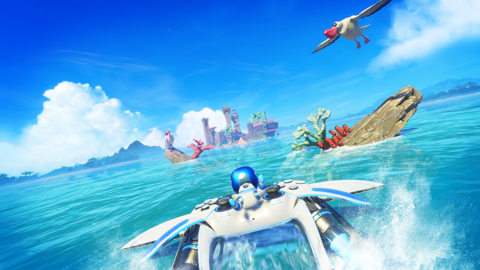 Astro Bot sopra un controller DualSense volante nel mezzo di un mare