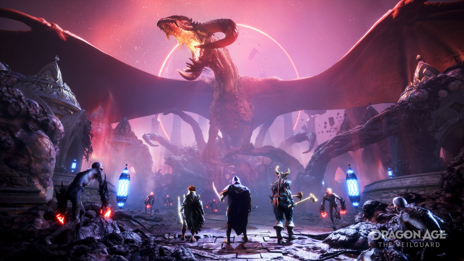 Un drago sullo sfondo e tre personaggi di Dragon Age The Veilguard