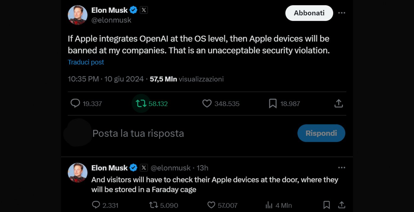 Ad Elon Musk non piace Apple Intelligence: minaccia di ban per iPhone