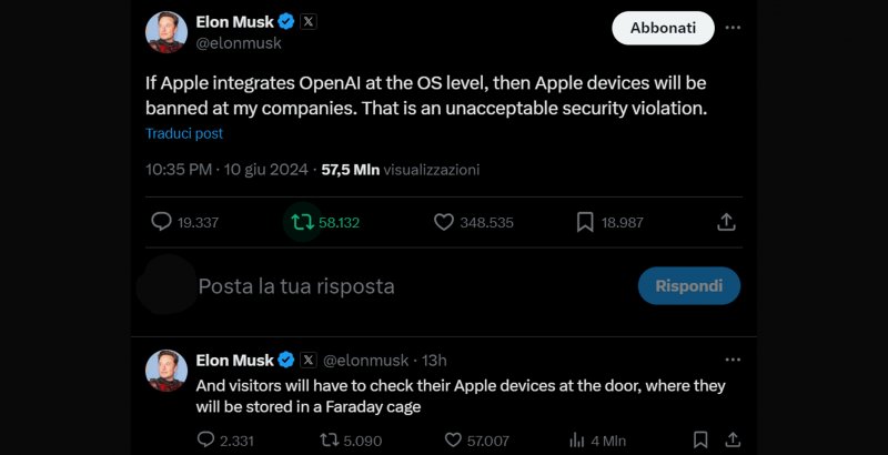 Elon Musk's post on X where he threatens to ban Apple devices with OpenAI