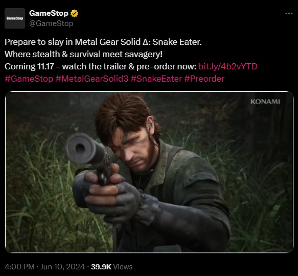 Il post incriminato di GameStop che svela la possibile data di uscita di Metal Gear Solid Delta: Snake Eater