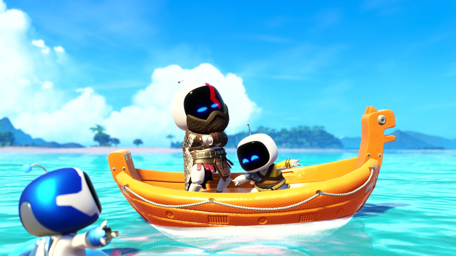 Personaggi di Astro Bot in barca come in God of War