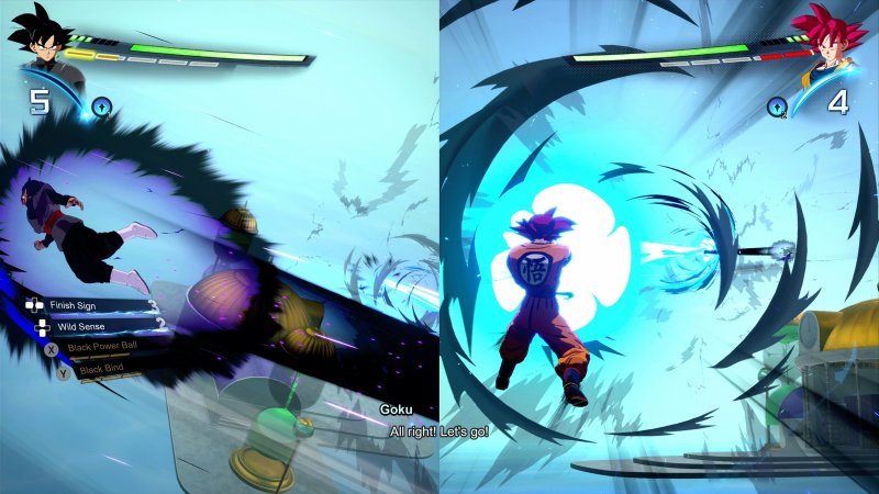Goku e Goku Black si sfidano in split-screen; la stanza dello Spirito e del Tempo sarà però l'unica arena supportare in multiplayer locale Goku e Goku Black si sfidano in split-screen; la stanza dello Spirito e del Tempo sarà però l'unica arena supportare in multiplayer locale