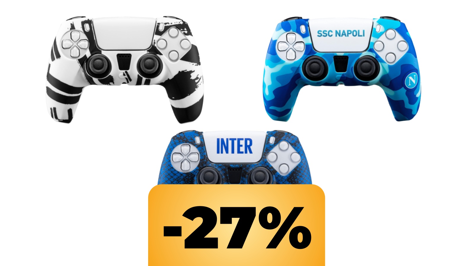 Tre gusci per DualSense a tema calcistico e sotto la percentuale dello sconto su Amazon