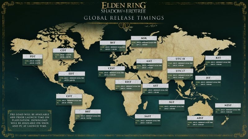 An image with the release date and time of Elden Ring: Shadow of the Erdtree worldwide