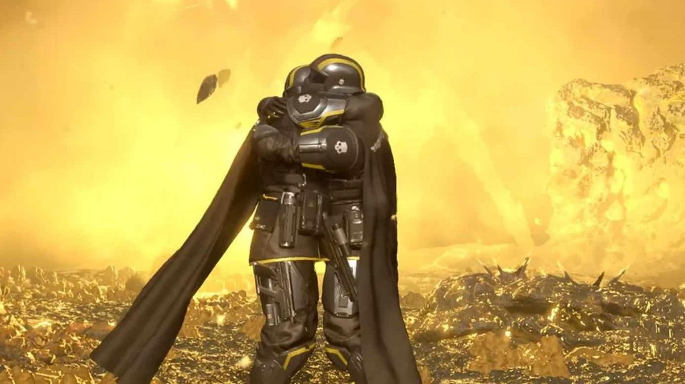 Due Helldivers che si abbracciano