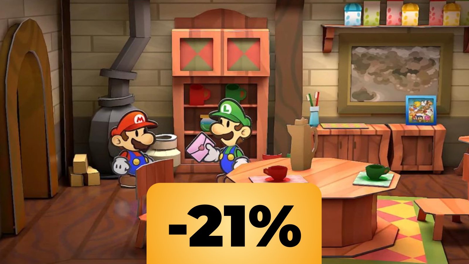 Mario e Luigi in Paper Mario: Il Portale Millenario e sotto la percentuale dello sconto di Amazon