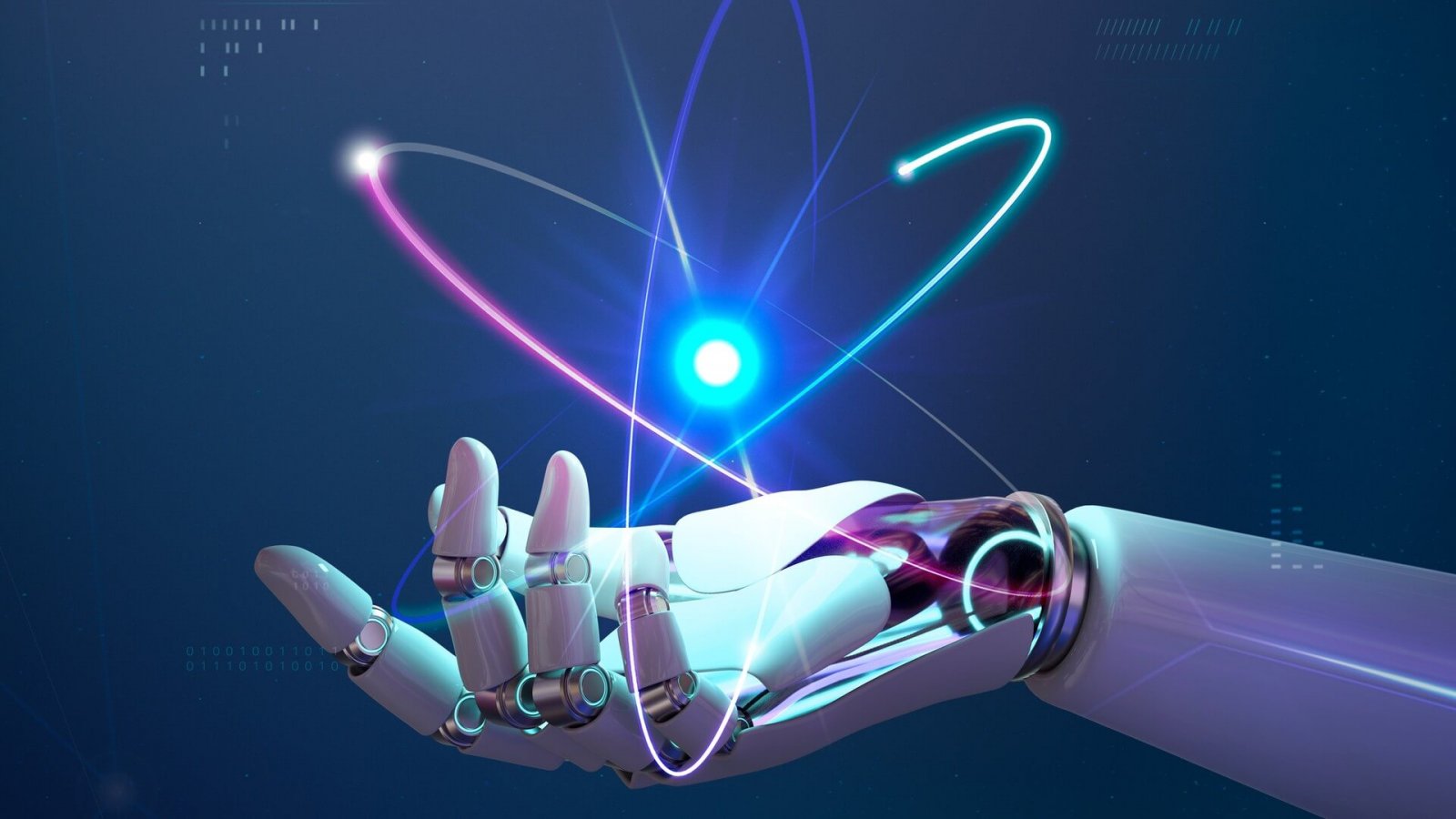 Una mano robotica con un atomo di luce