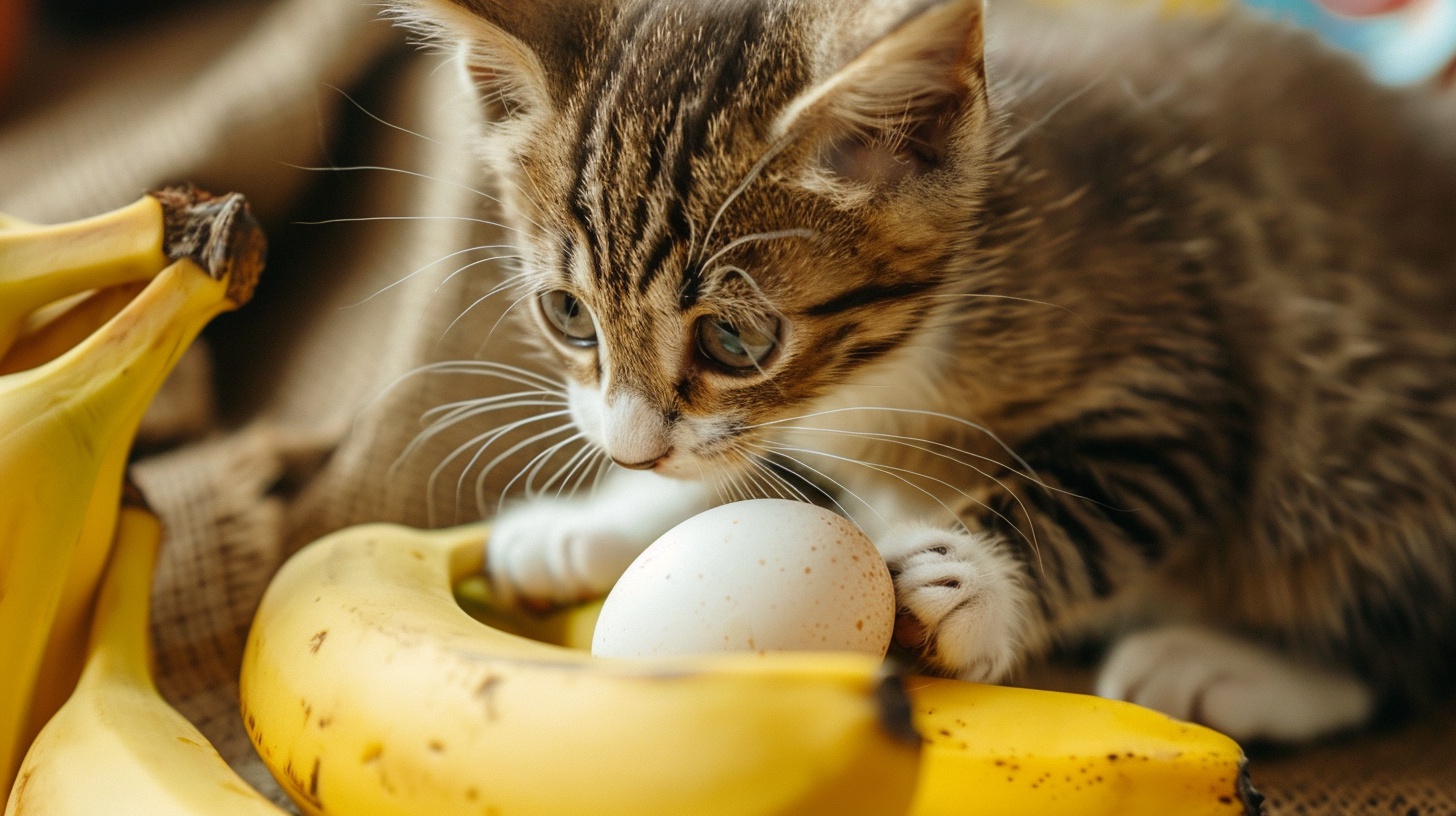 Un gatto gioca con uova e banane