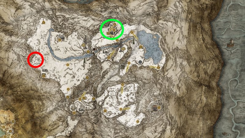 In rosso il teletrasporto per raggiungere il Palazzo di Mohg, in verde la fortezza Castel Sol dove si trova una delle due parti del Ciondolo segreto del Sacro Albero In rosso il teletrasporto per raggiungere il Palazzo di Mohg, in verde la fortezza Castel Sol dove si trova una delle due parti del Ciondolo segreto del Sacro Albero