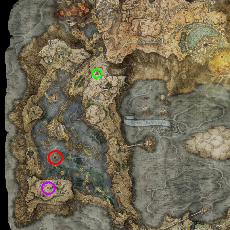 In rosso la posizione di Varré a Liurnia Lacustre, in verde la Chiesa dell'Inibizione, in viola la posizione dell'altra metà del Ciondolo del Sacro Albero In rosso la posizione di Varré a Liurnia Lacustre, in verde la Chiesa dell'Inibizione, in viola la posizione dell'altra metà del Ciondolo del Sacro Albero