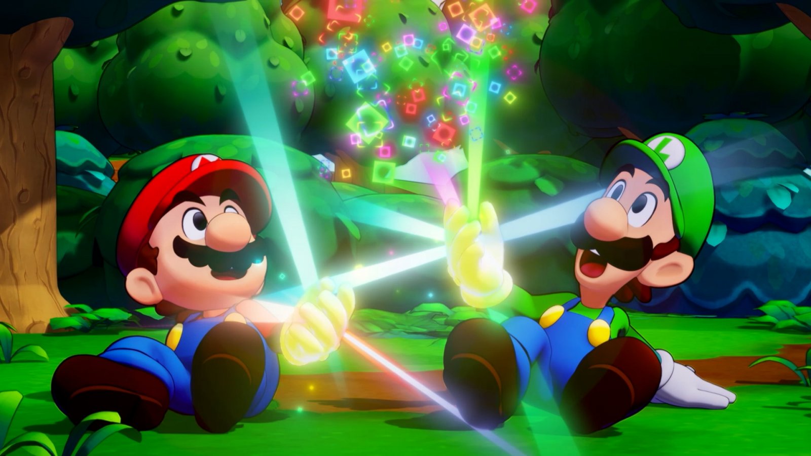 Mario e Luigi con mani luminose e gli sguardi stupiti in Mario & Luigi Fraternauti alla carica