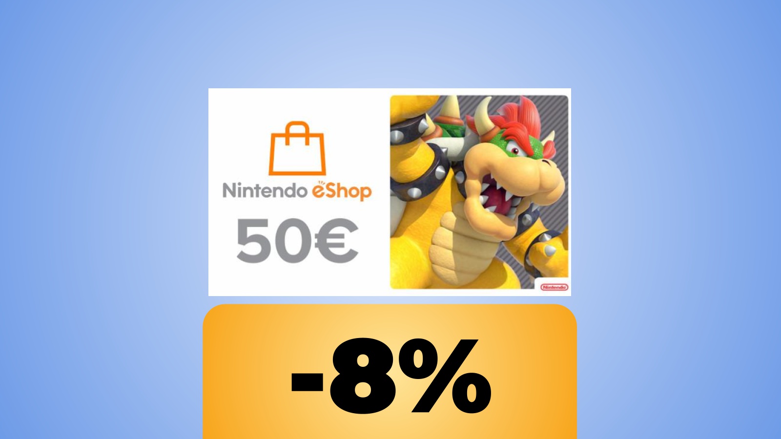 La tessera di ricarica da 50€ per Nintendo eShop con Bowser e sotto la percentuale dello sconto di Instant Gaming