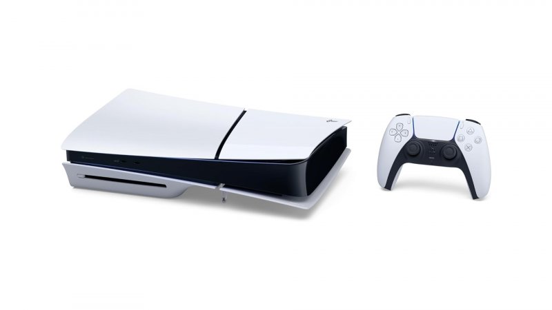 PS5 Slim in orizzontale con il controller DualSense e a destra