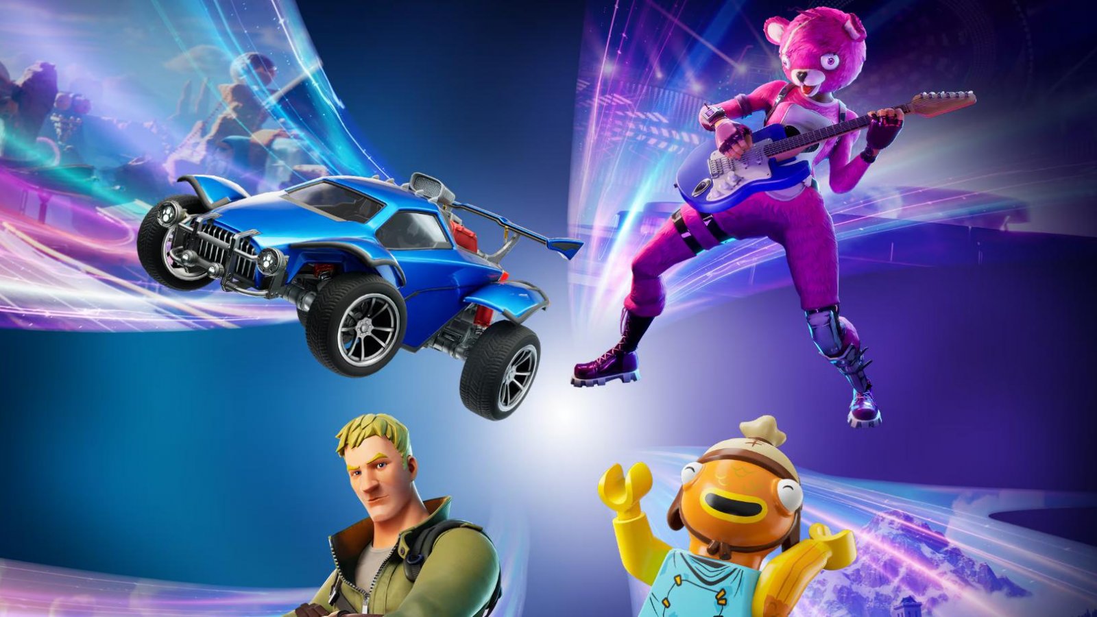 Un auto, un personaggio che suona la chitarra, Joey e un lego uomo pesce di Fortnite