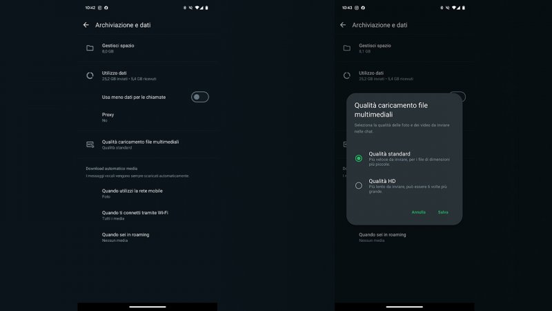 Il menu per selezionare la qualità di caricamento dei file multimediali su Android Il menu per selezionare la qualità di caricamento dei file multimediali su Android
