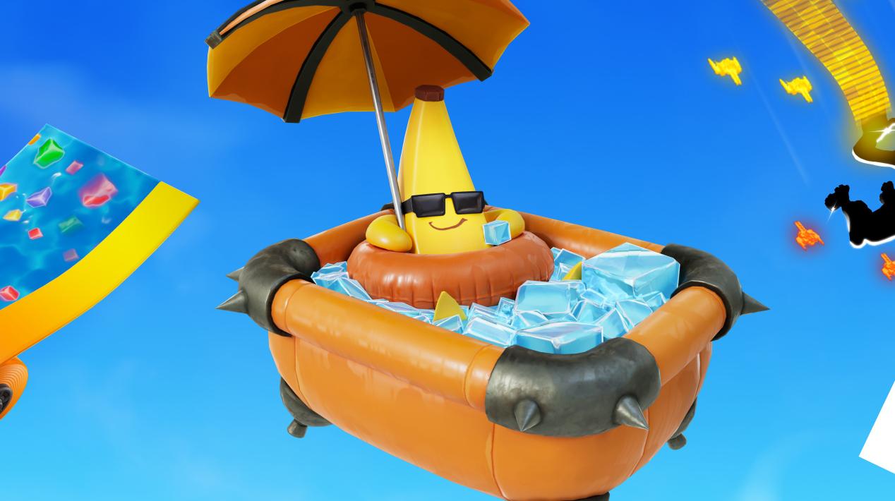 Una banana con occhiali da sole in una basca da bagno con un ombrello in Fortnite