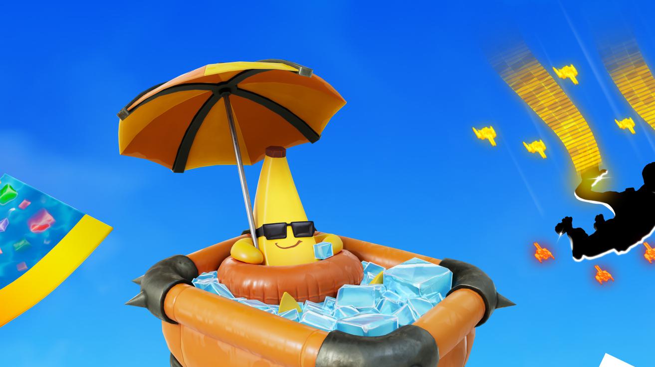 Una banana di Fortnite in una vasca con un ombrello