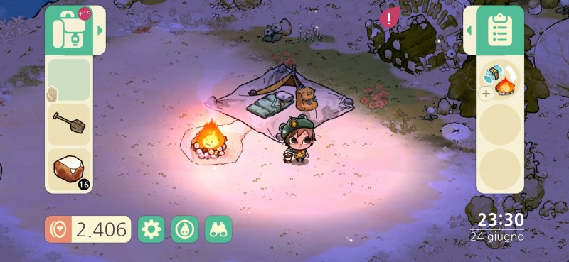 Il nostro amico fuoco da campo e la tenda che potremo estendere e abbellire in Cozy Grove: Camp Spirit