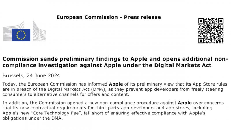 La prima parte del comunicato stampa dell'UE con le valutazioni preliminare del caso Apple La prima parte del comunicato stampa dell'UE con le valutazioni preliminare del caso Apple
