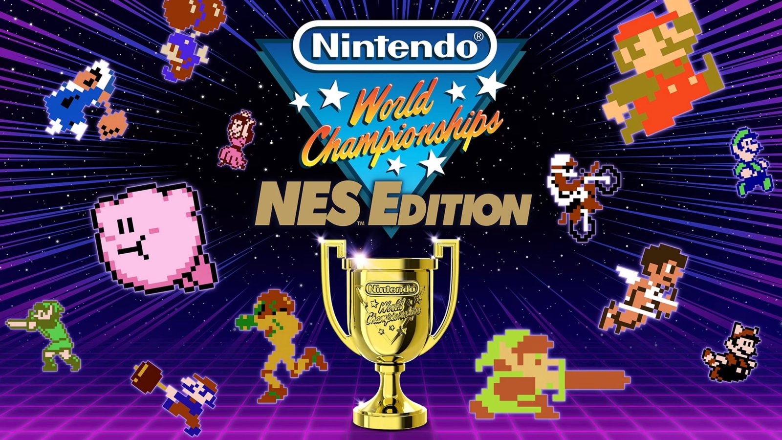 Il logo di Nintendo World Championships: NES Edition e i protagonisti dei 13 classici inclusi