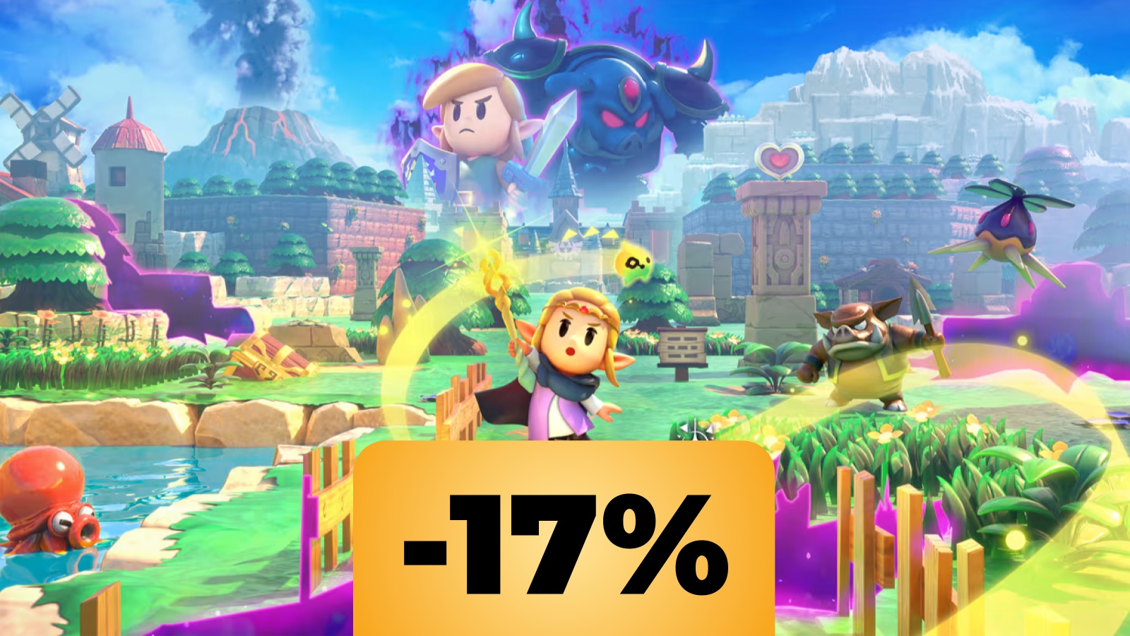 Zelda che con una staffa in mano e sullo sfondo Link con un mostra al lato, sotto lo sconto di Amazon