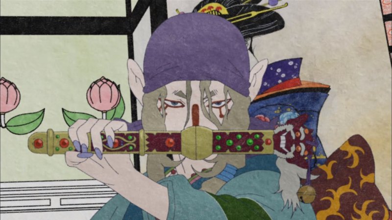 Il 'venditore di medicine' in una scena di Mononoke, disponibile dal 15 luglio