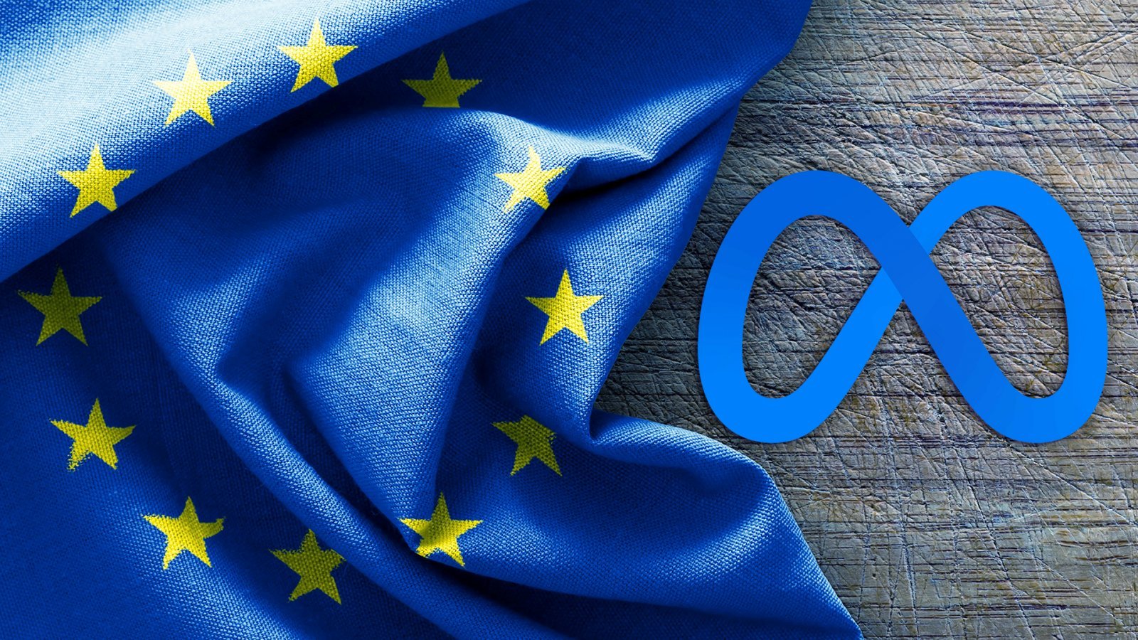 Il logo Meta vicino alla bandiera dell'Unione Europea