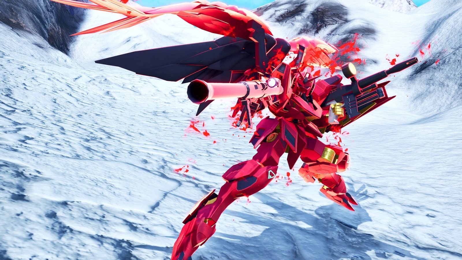 Un Gundam rosso che mira con un cannone in una ambientazione innevata