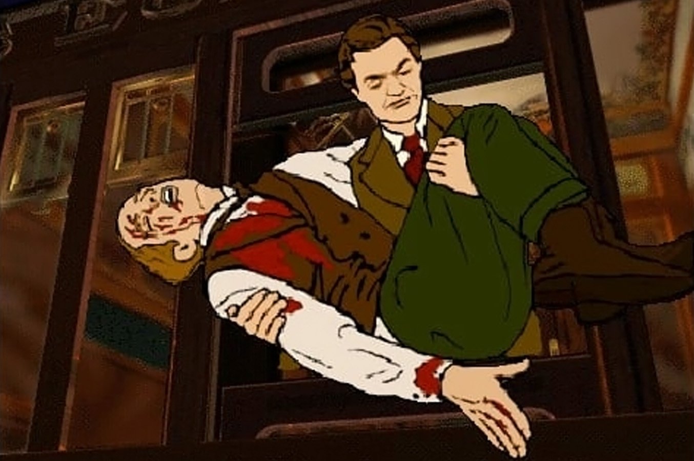 Il protagonista di The Last Express con in braccio una vittima