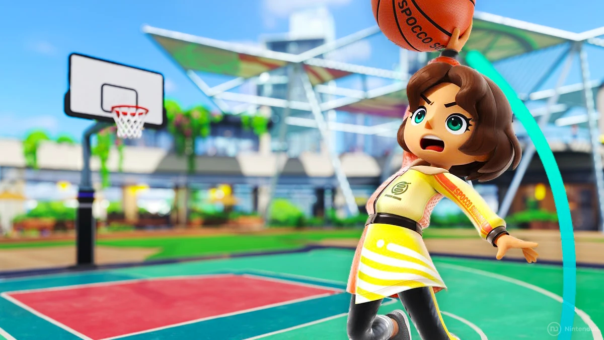 Un personaggio di Nintendo Switch Sports che gioca a basket