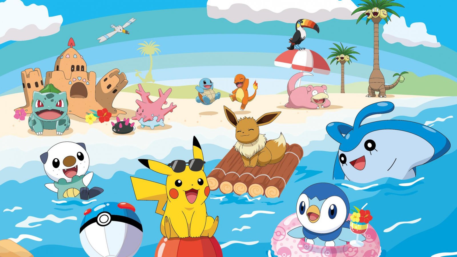 Dei Pokémon che si rilassano in spiaggia