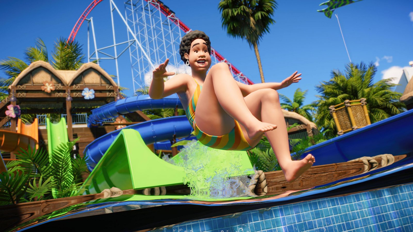 Un personaggio di Planet Coaster 2 che scende da uno scivolo d'acqua