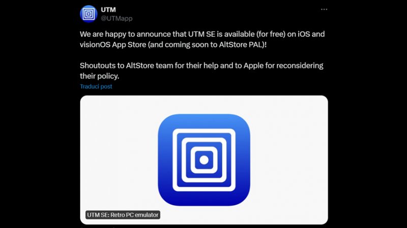 Il tweet con sui UTM ha annunciato l'arrivo dell'emulatore su App Store Il tweet con sui UTM ha annunciato l'arrivo dell'emulatore su App Store