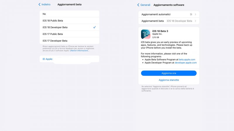 La schermata di aggiornamento alla beta di iOS 18 su iPhone La schermata di aggiornamento alla beta di iOS 18 su iPhone