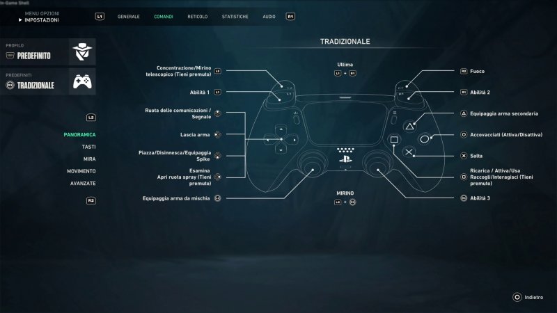 La schermata nel menù opzioni di Valorant dedicata ai comandi La schermata nel menù opzioni di Valorant dedicata ai comandi
