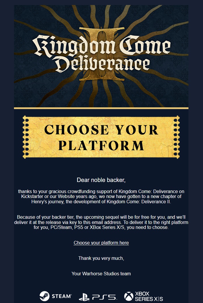 Lo screenshot dell'email che alcuni vecchi backer hanno ricevuto da Warhorse su Kingdom Come: Deliverance 2 Lo screenshot dell'email che alcuni vecchi backer hanno ricevuto da Warhorse su Kingdom Come: Deliverance 2