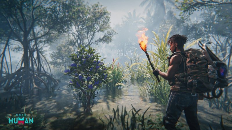 Un personaggio del gioco, equipaggiato di torcia, mentre esplora una zona paludosa