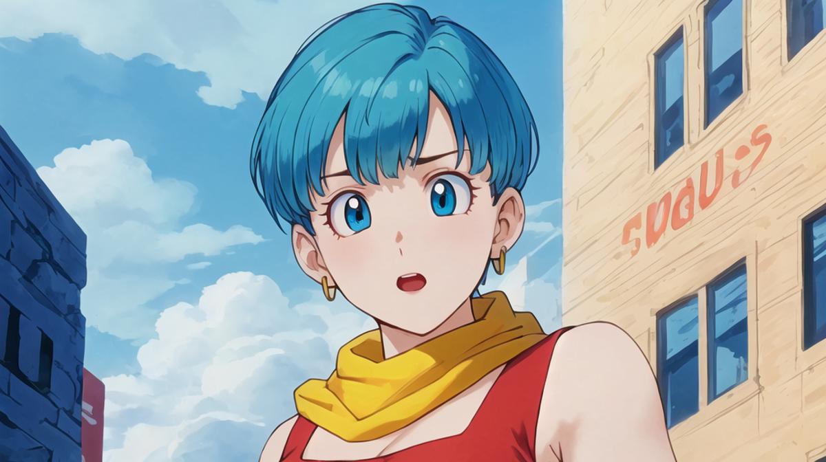 Un'immagine di Bulma con il vestito rosso