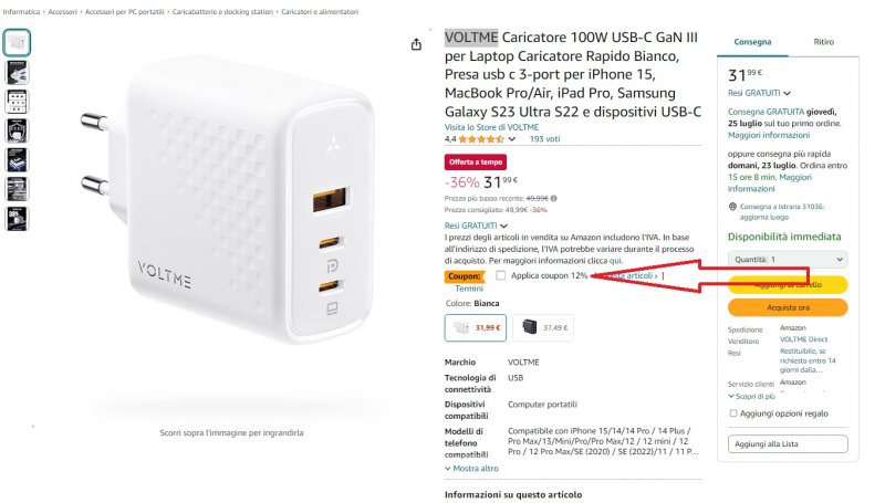 La pagina prodotto del caricatore su Amazon: la freccia indica dove attivare il coupon La pagina prodotto del caricatore su Amazon: la freccia indica dove attivare il coupon