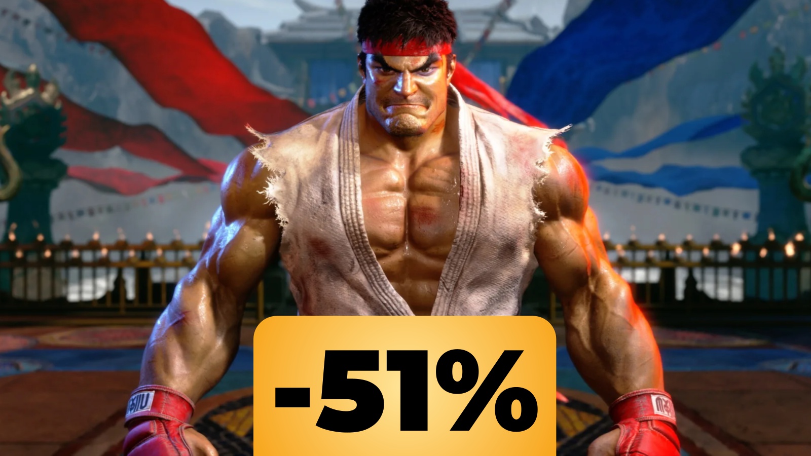 Ryu da Street Fighter 6 con la braccia lungo i fianchi e sotto al centro lo sconto di Amazon